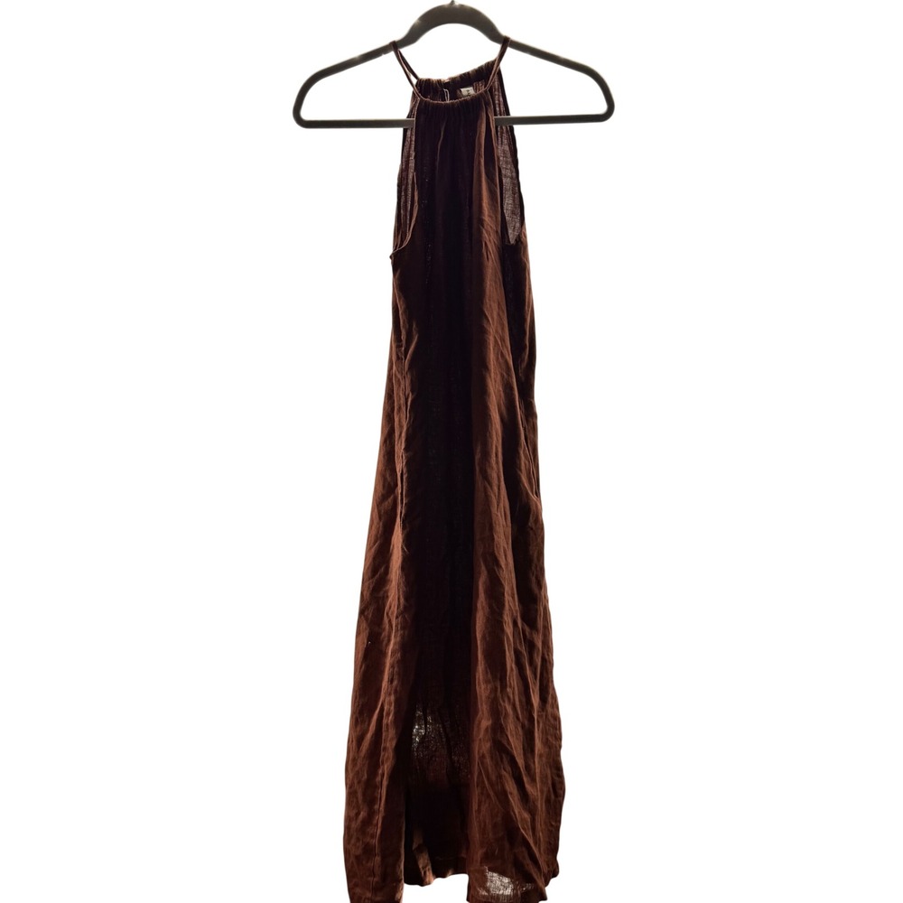 Amazhiyu Womens Small Brown 100% Linen Halter Midi Dress Boho Coastal Resort - Picture 2 of 9